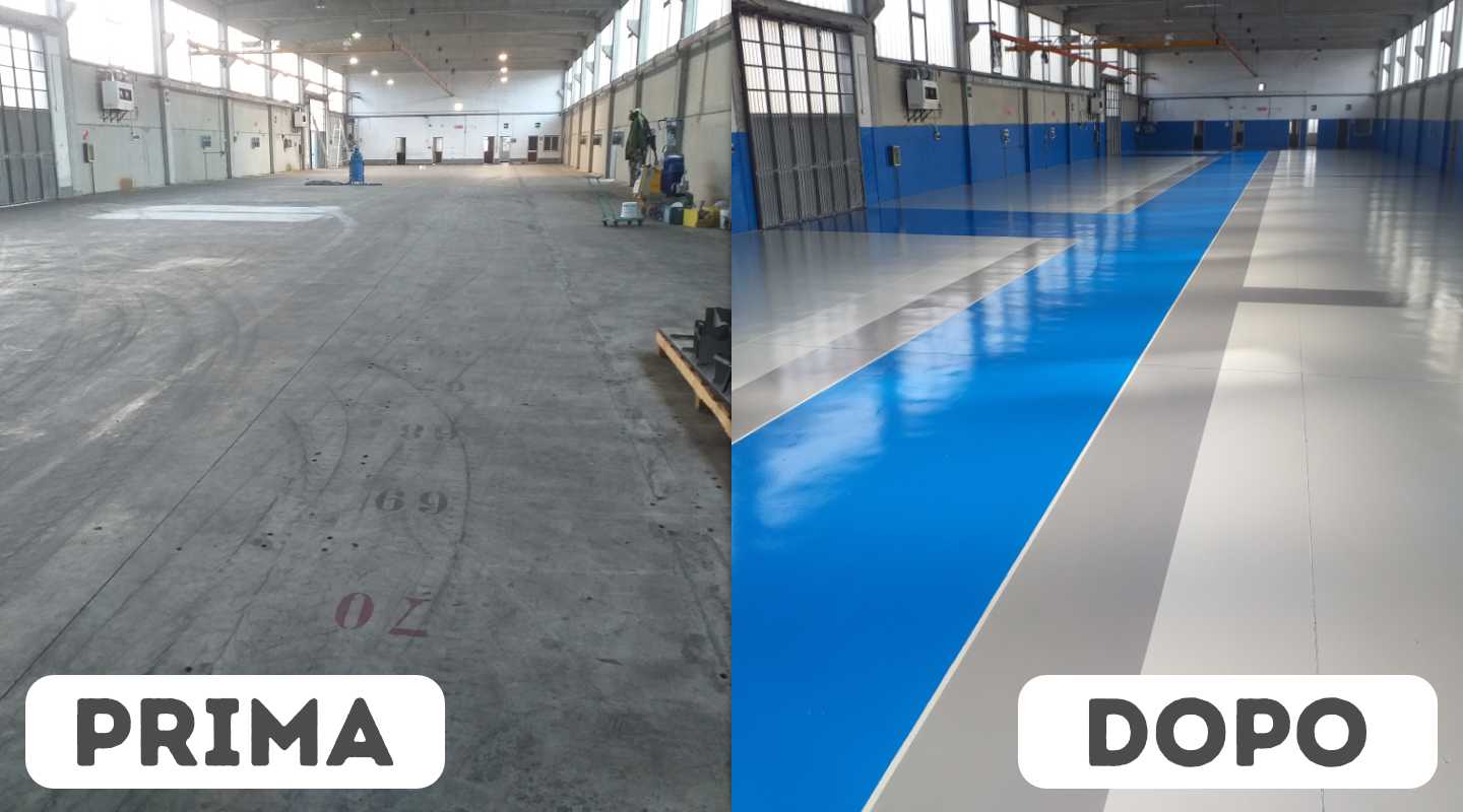 Prima e Dopo i lavori di pavimentazione in resina industriale Prima e Dopo i lavori di pavimentazione in resina industriale